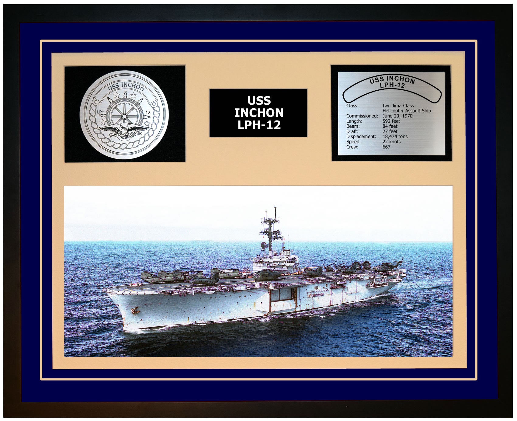 USS INCHON LPH-12 Framed Navy Ship Display Blue