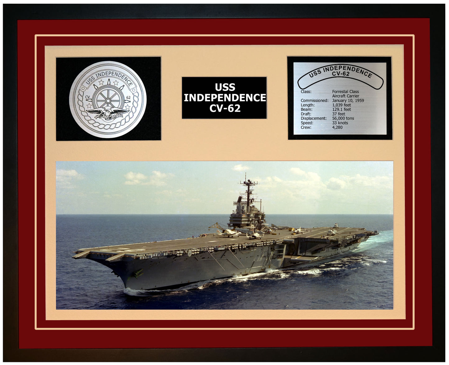 USS INDEPENDENCE CV-62 Framed Navy Ship Display Burgundy