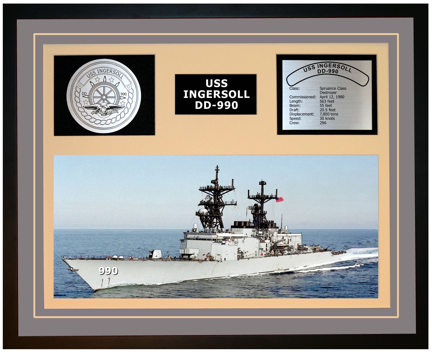 USS INGERSOLL DD-990 Framed Navy Ship Display Grey