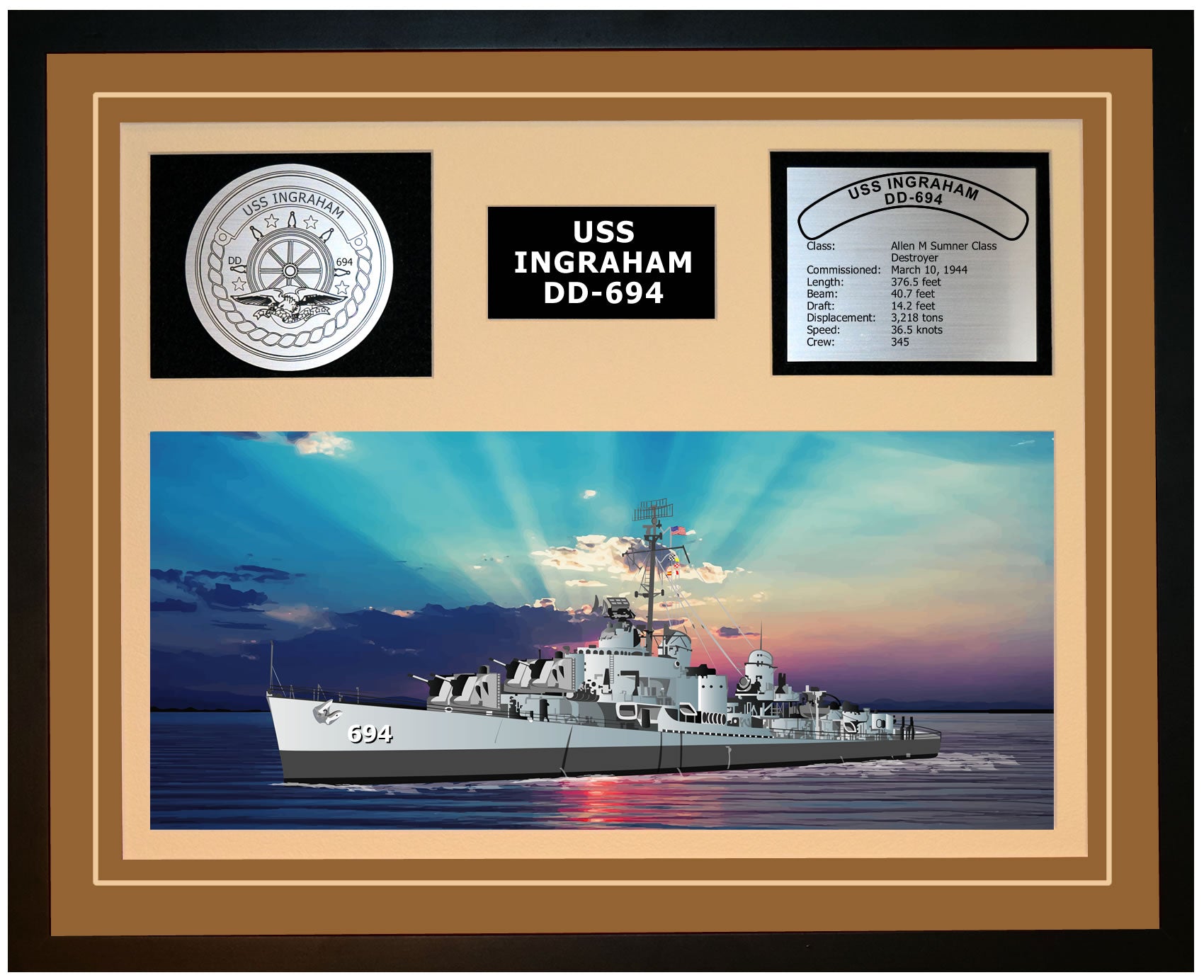 USS INGRAHAM DD-694 Framed Navy Ship Display Brown