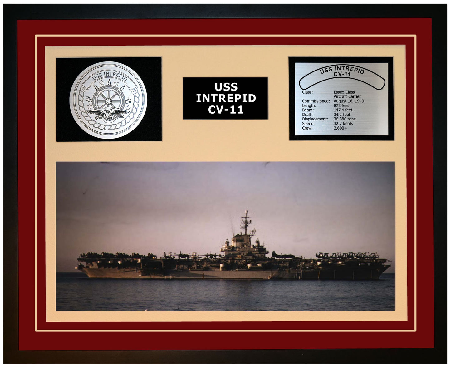 USS INTREPID CV-11 Framed Navy Ship Display Burgundy