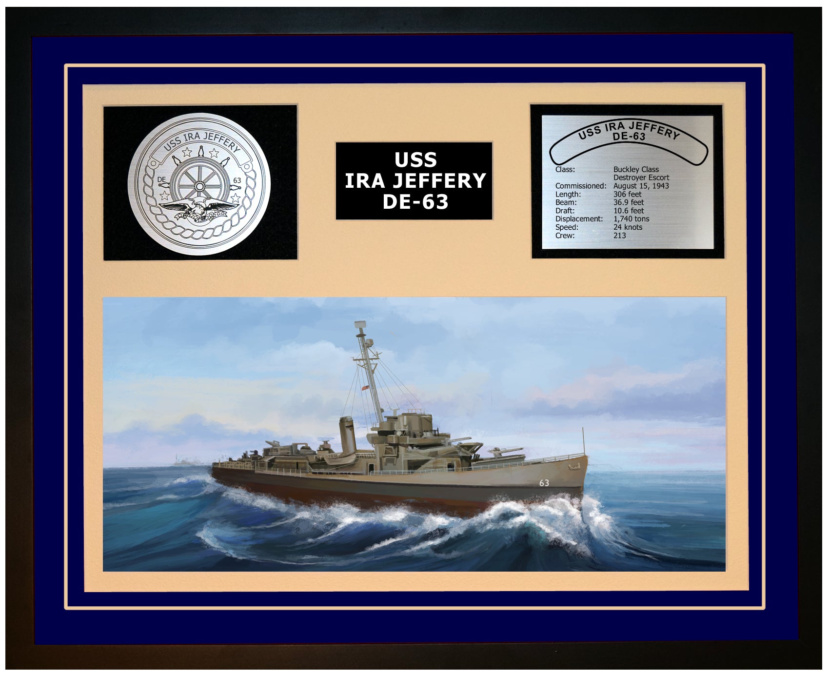 USS IRA JEFFERY DE-63 Framed Navy Ship Display Blue