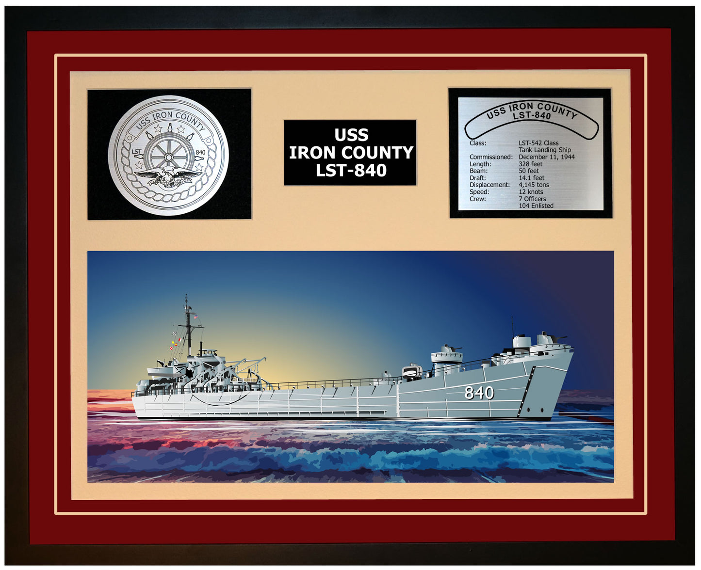 USS IRON COUNTY LST-840 Framed Navy Ship Display Burgundy