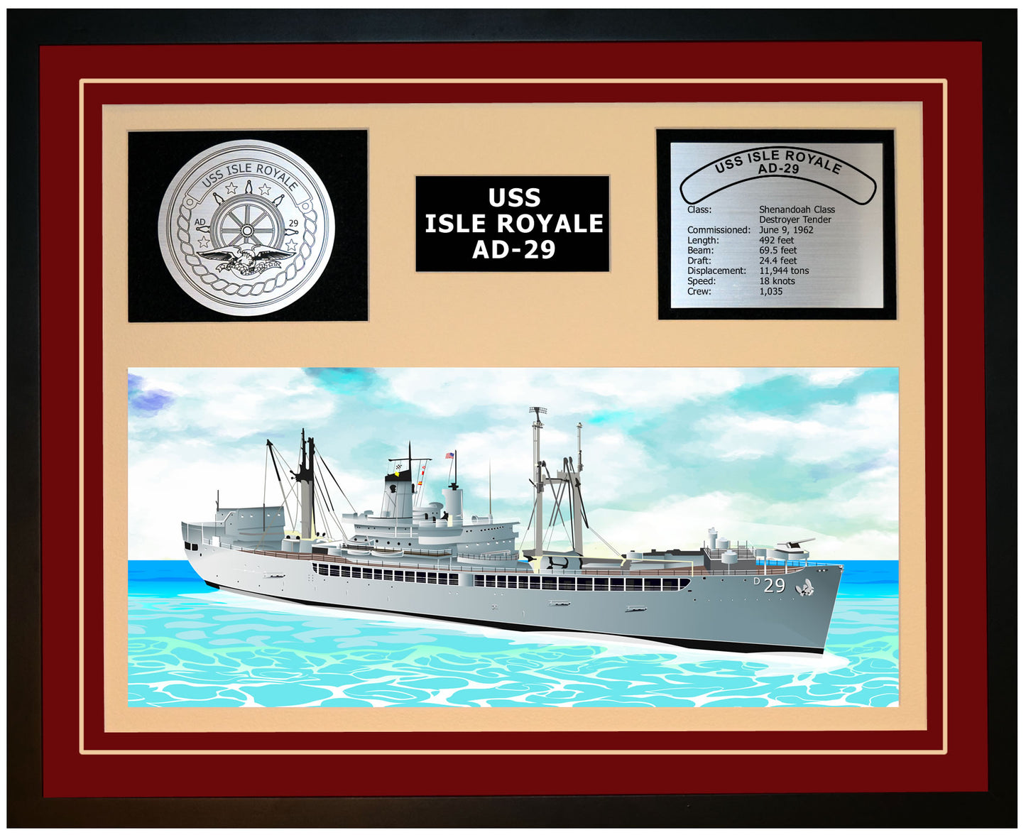 USS ISLE ROYALE AD-29 Framed Navy Ship Display Burgundy