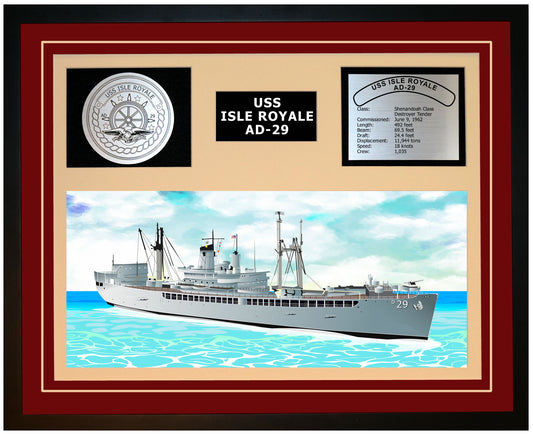 USS ISLE ROYALE AD-29 Framed Navy Ship Display Burgundy
