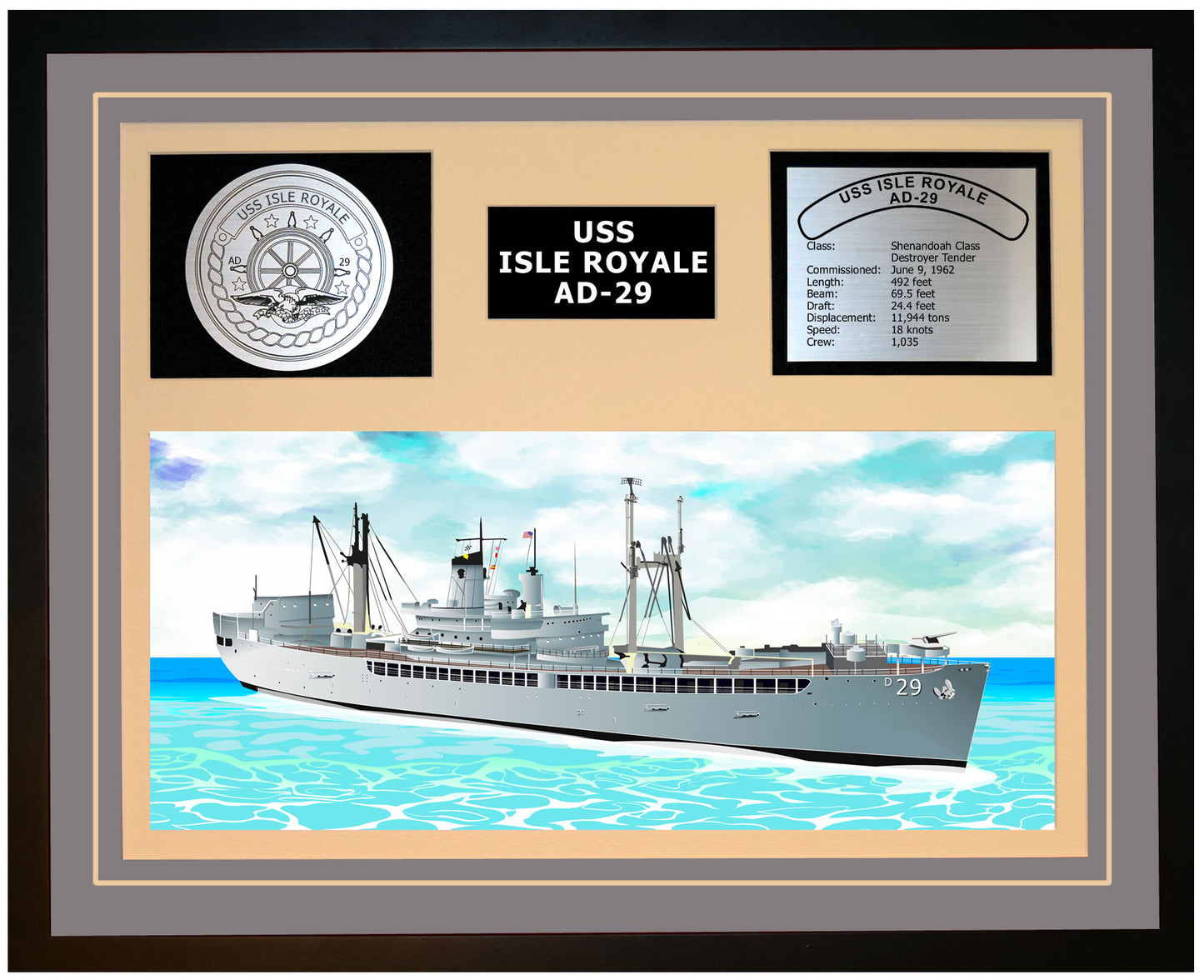 USS ISLE ROYALE AD-29 Framed Navy Ship Display Grey