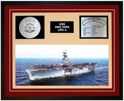 USS IWO JIMA LPH-2 Framed Navy Ship Display Burgundy