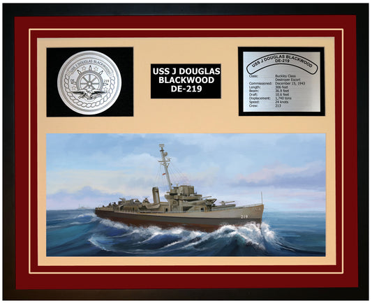 USS J DOUGLAS BLACKWOOD DE-219 Framed Navy Ship Display Burgundy