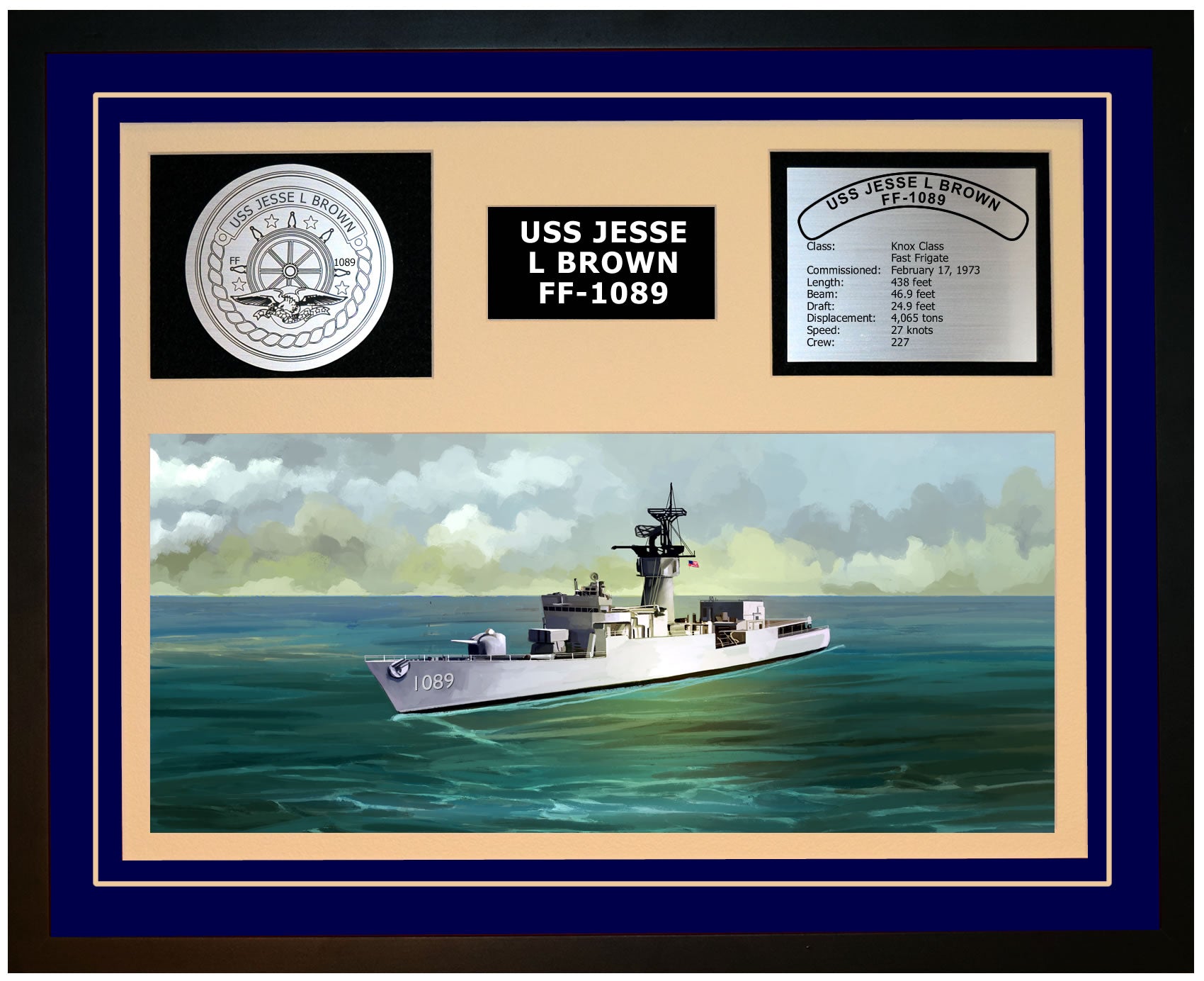 USS JESSE L BROWN FF-1089 Framed Navy Ship Display Blue