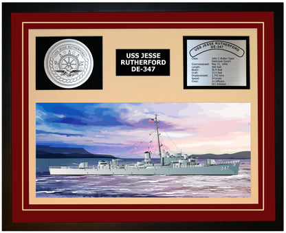 USS JESSE RUTHERFORD DE-347 Framed Navy Ship Display Burgundy
