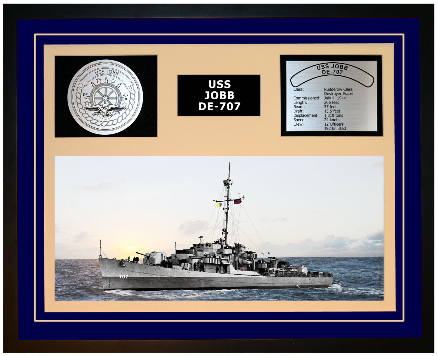 USS JOBB DE-707 Framed Navy Ship Display Blue
