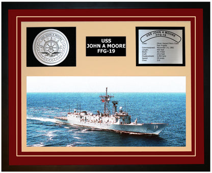 USS JOHN A MOORE FFG-19 Framed Navy Ship Display Burgundy