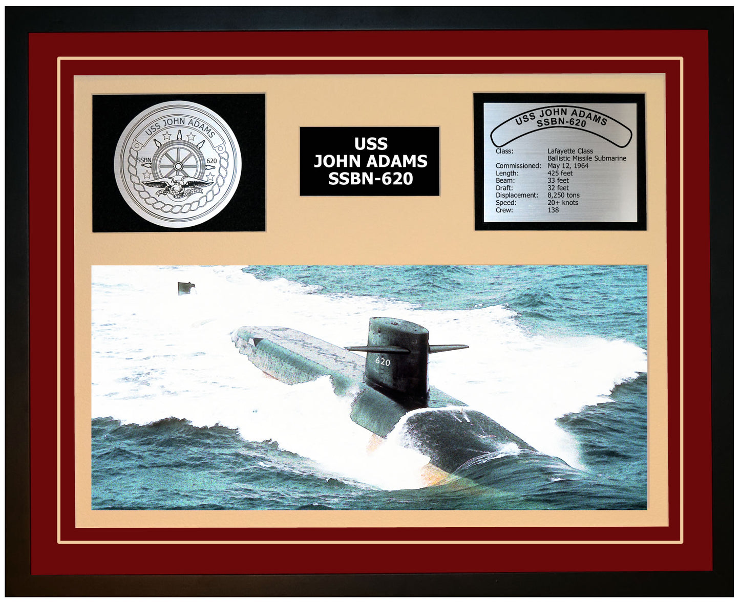 USS JOHN ADAMS SSBN-620 Framed Navy Ship Display Burgundy