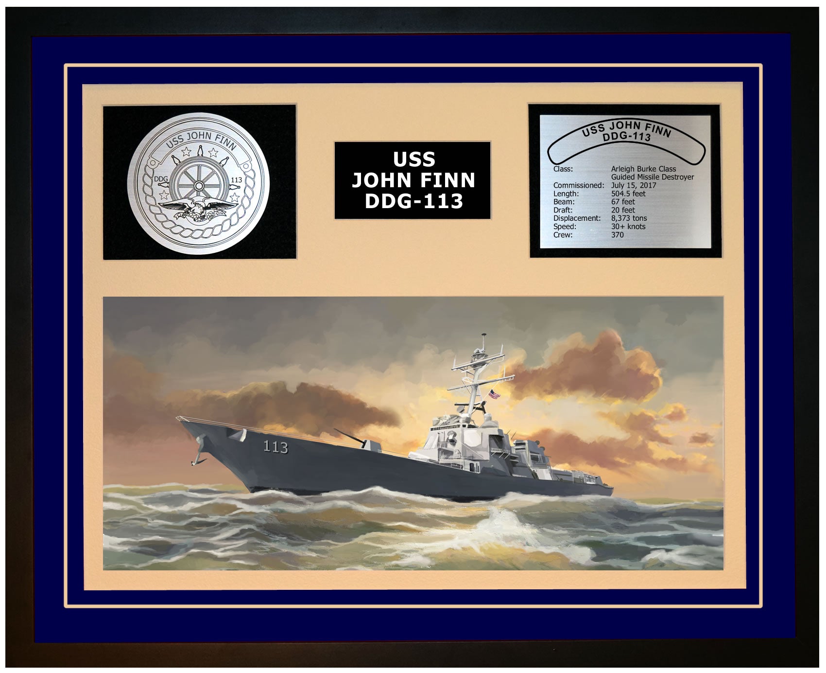 USS JOHN FINN DDG-113 Framed Navy Ship Display Blue
