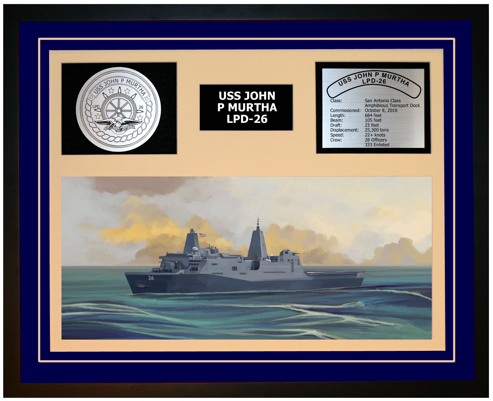 USS JOHN P MURTHA LPD-26 Framed Navy Ship Display Blue