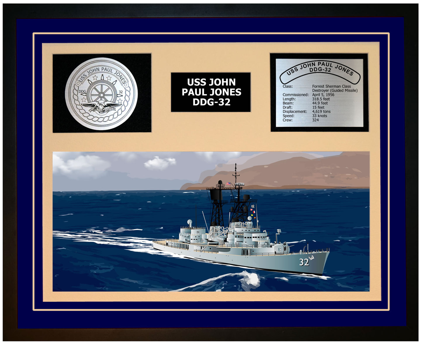 USS JOHN PAUL JONES DDG-32 Framed Navy Ship Display Blue