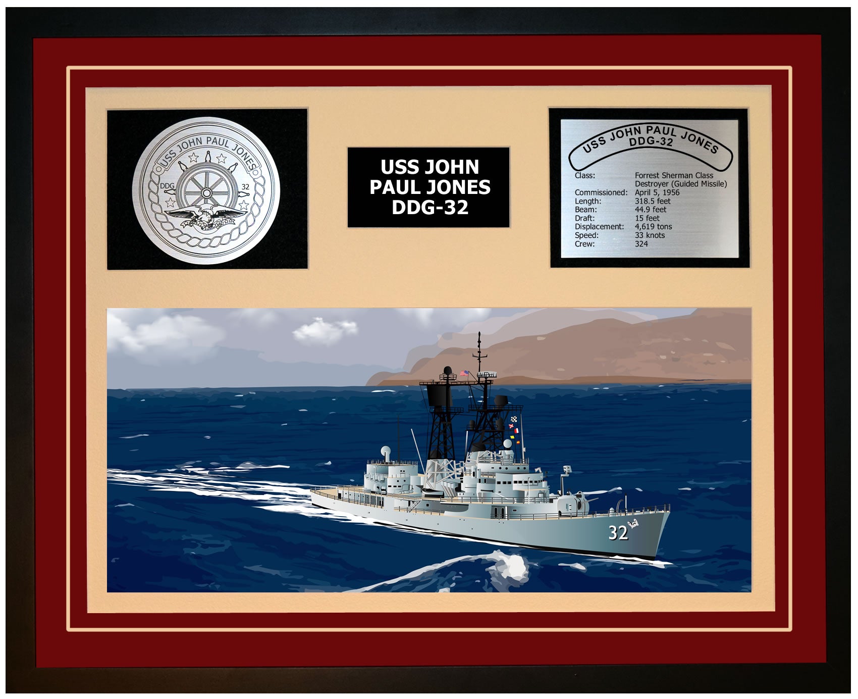 USS JOHN PAUL JONES DDG-32 Framed Navy Ship Display Burgundy