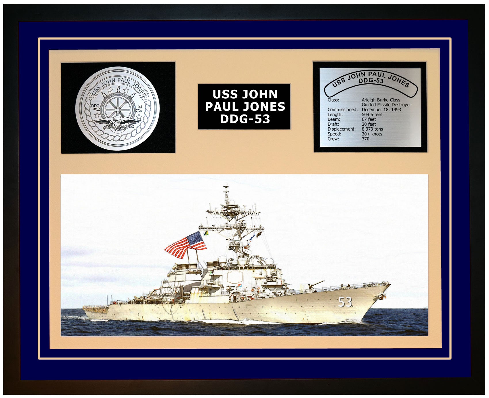 USS JOHN PAUL JONES DDG-53 Framed Navy Ship Display Blue