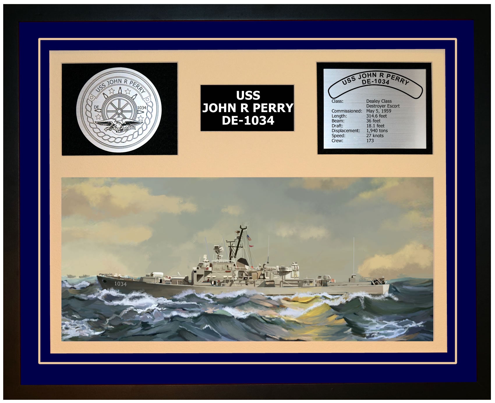 USS JOHN R PERRY DE-1034 Framed Navy Ship Display Blue