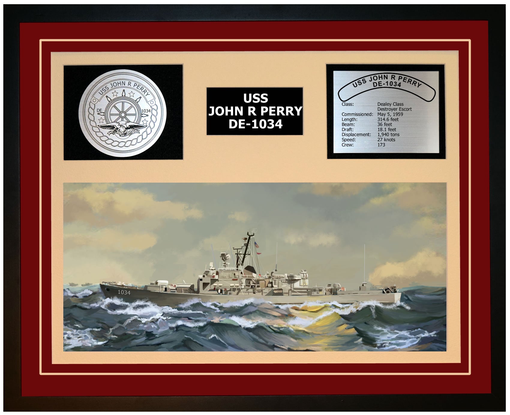 USS JOHN R PERRY DE-1034 Framed Navy Ship Display Burgundy