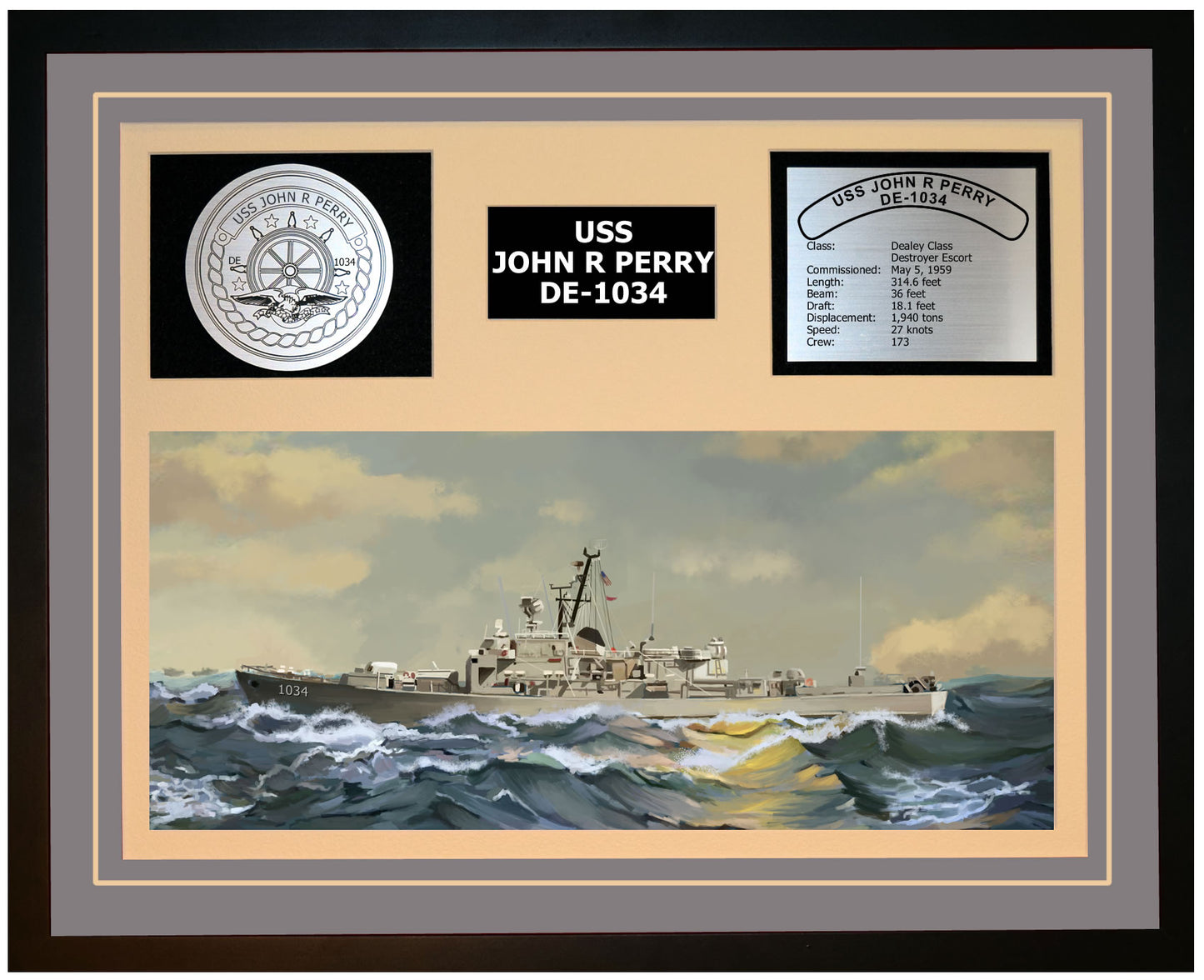 USS JOHN R PERRY DE-1034 Framed Navy Ship Display Grey