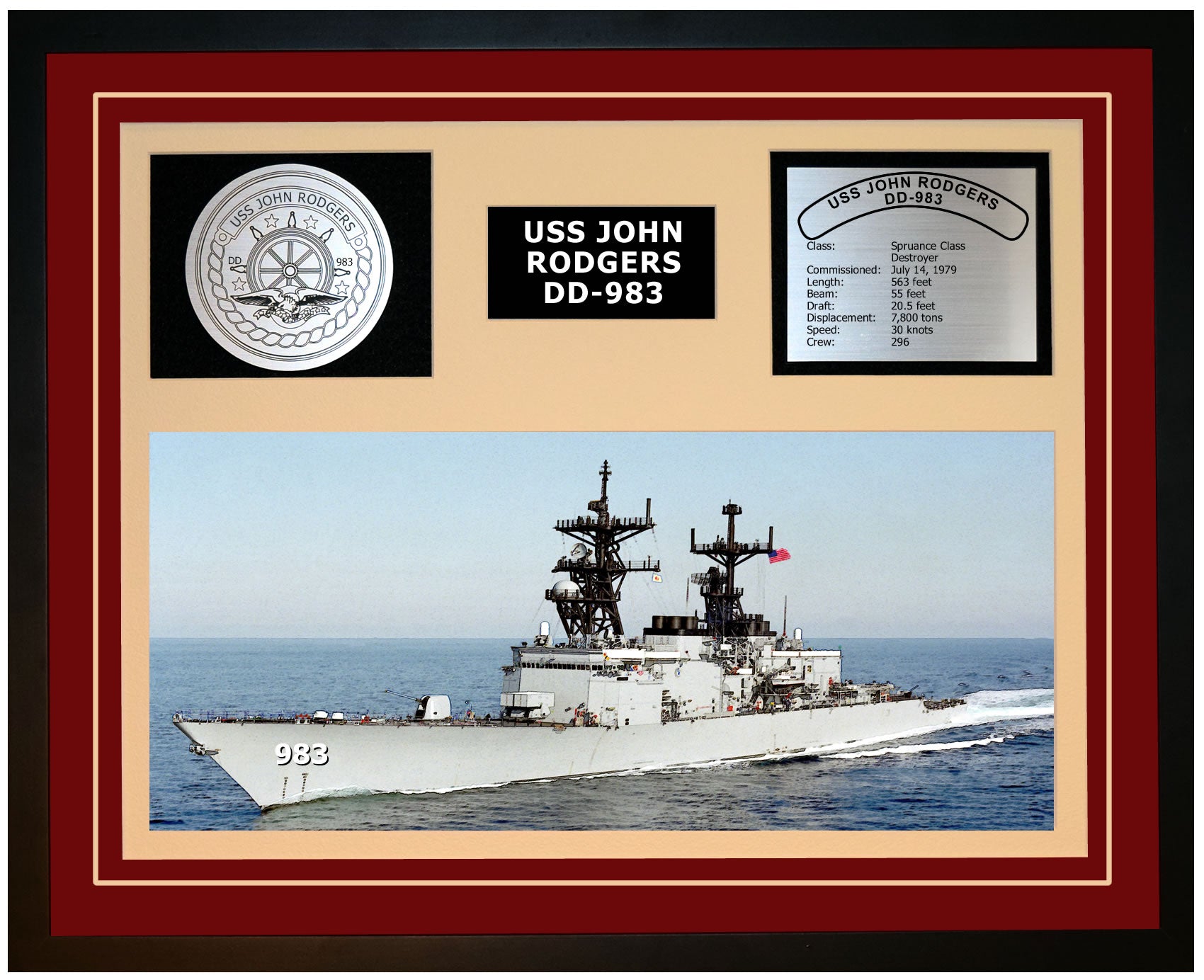USS JOHN RODGERS DD-983 Framed Navy Ship Display Burgundy