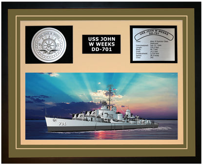 USS JOHN W WEEKS DD-701 Framed Navy Ship Display Green