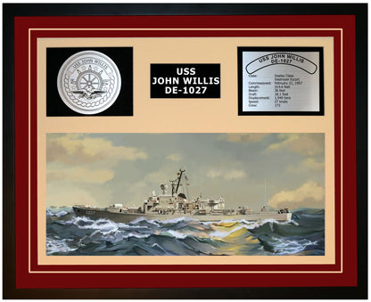 USS JOHN WILLIS DE-1027 Framed Navy Ship Display Burgundy