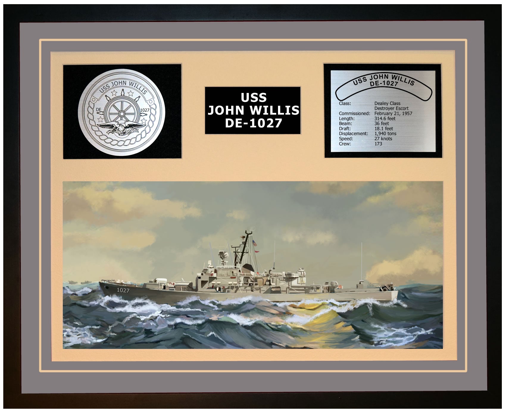 USS JOHN WILLIS DE-1027 Framed Navy Ship Display Grey