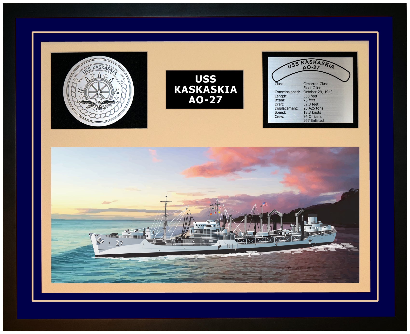 USS KASKASKIA AO-27 Framed Navy Ship Display Blue