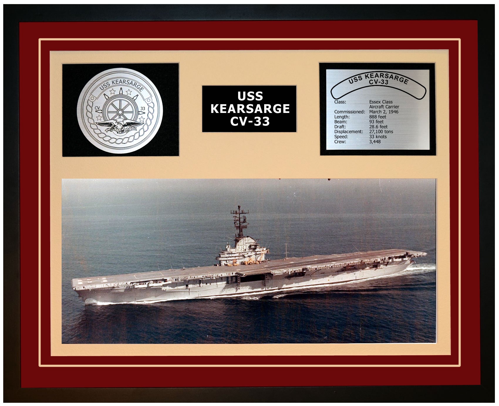USS KEARSARGE CV-33 Framed Navy Ship Display Burgundy