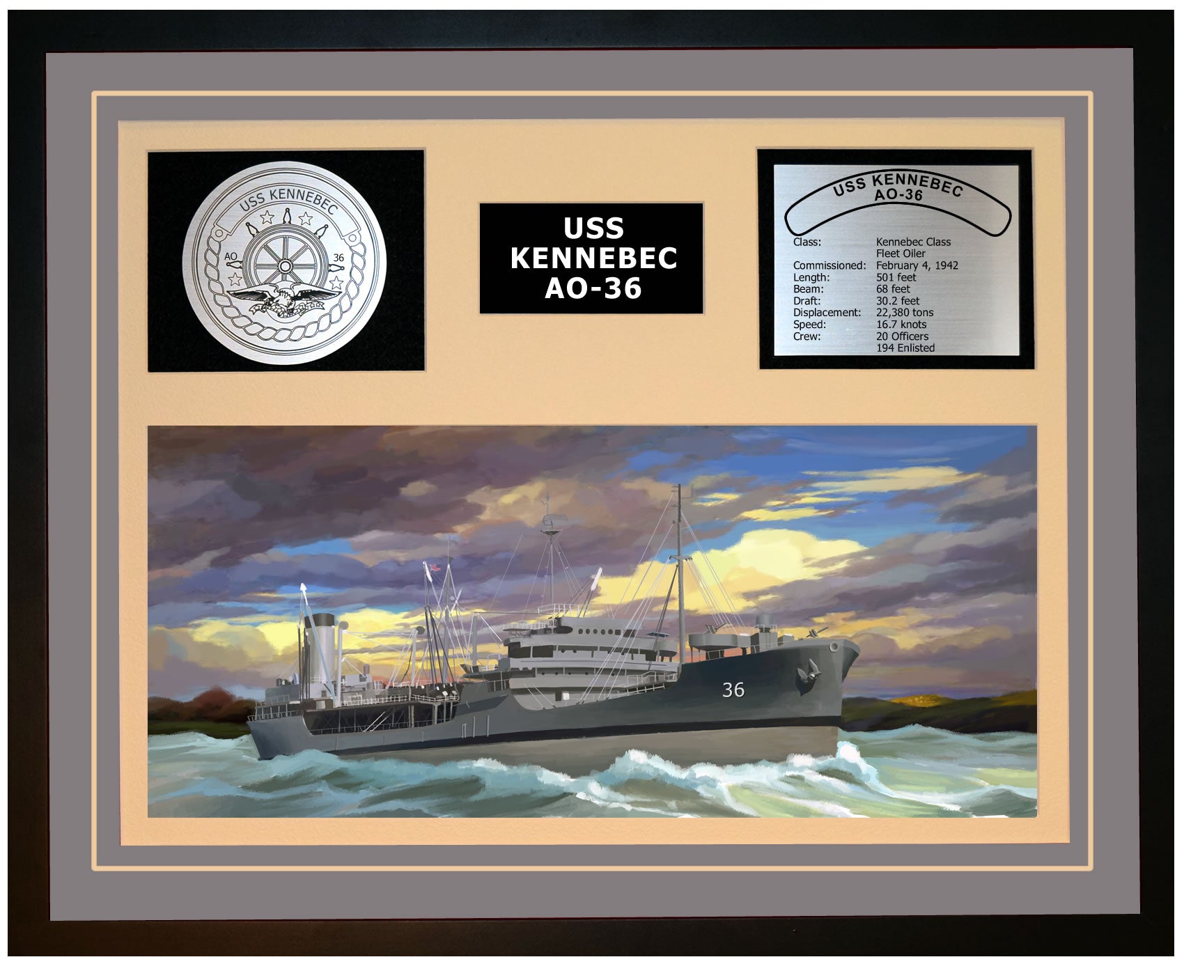 USS KENNEBEC AO-36 Framed Navy Ship Display Grey