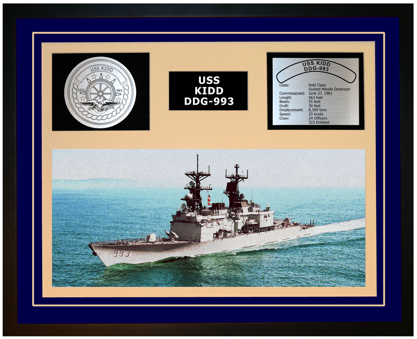 USS KIDD DDG-993 Framed Navy Ship Display Blue