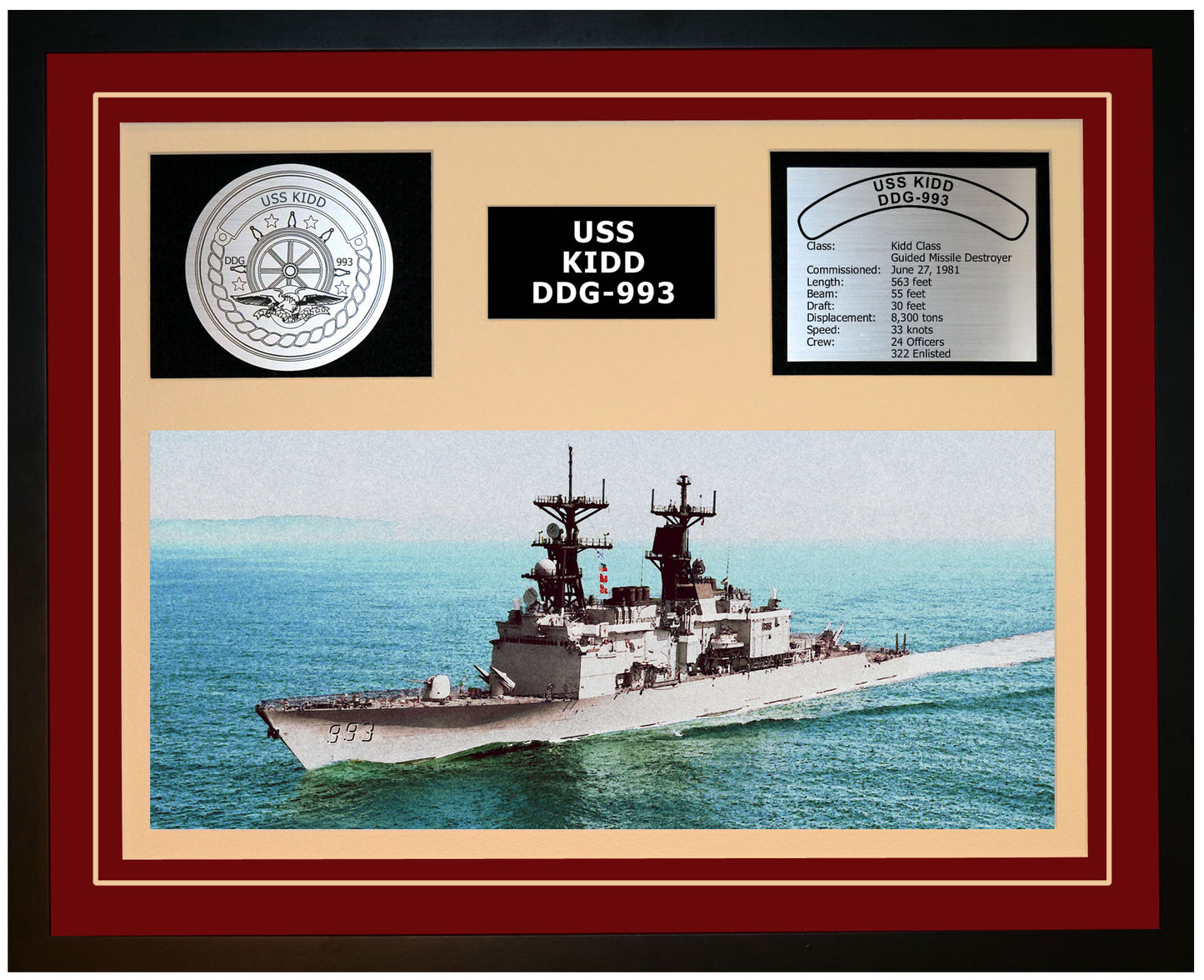 USS KIDD DDG-993 Framed Navy Ship Display Burgundy