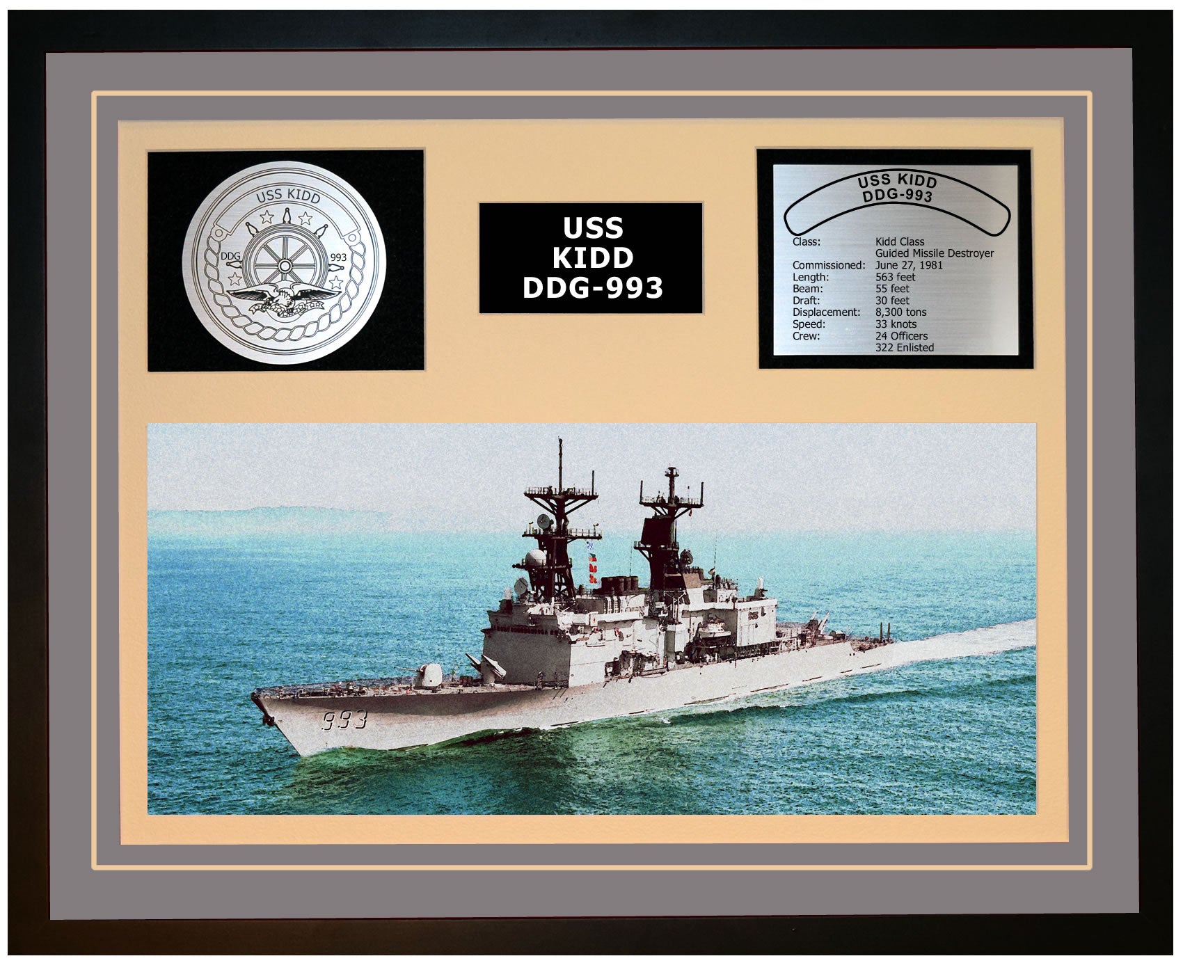 USS KIDD DDG-993 Framed Navy Ship Display Grey
