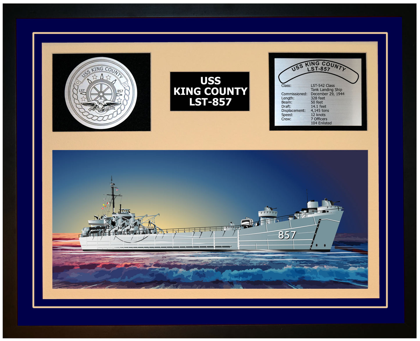 USS KING COUNTY LST-857 Framed Navy Ship Display Blue