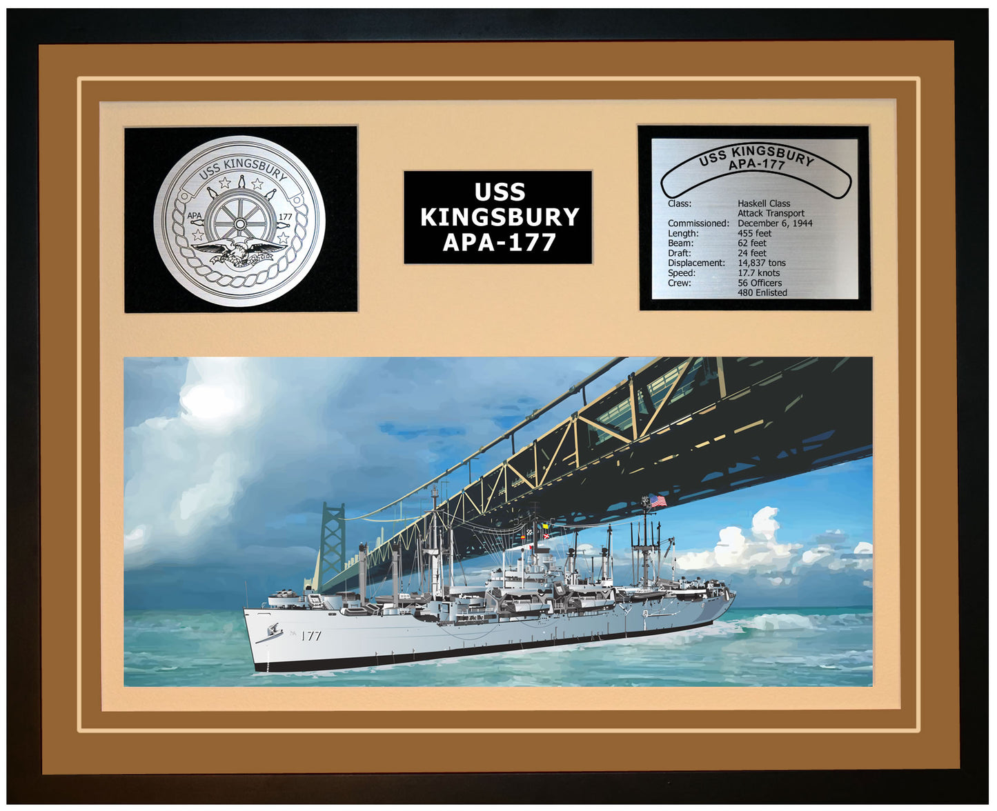 USS KINGSBURY APA-177 Framed Navy Ship Display Brown