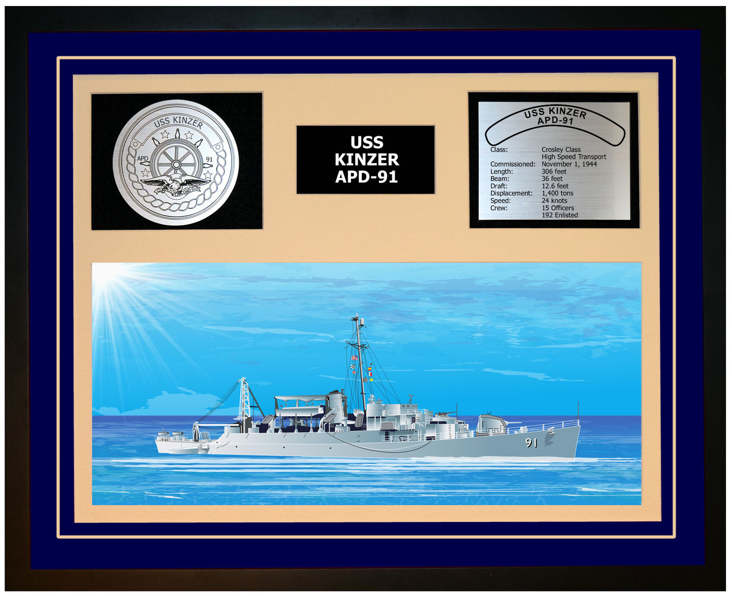USS KINZER APD-91 Framed Navy Ship Display Blue