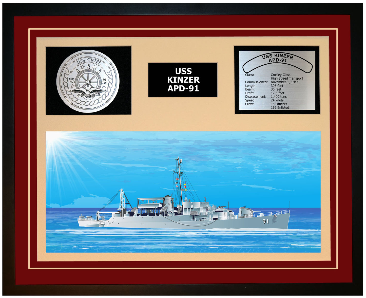 USS KINZER APD-91 Framed Navy Ship Display Burgundy