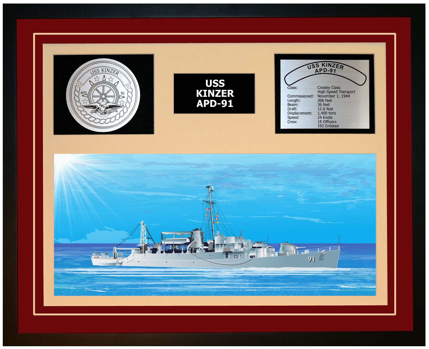 USS KINZER APD-91 Framed Navy Ship Display Burgundy