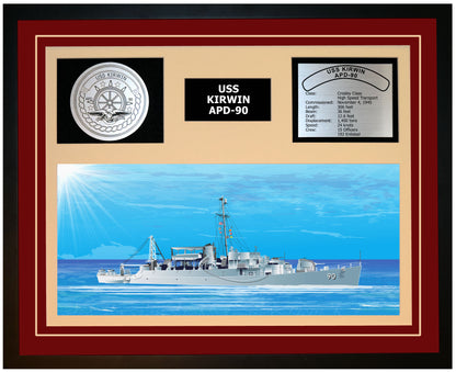 USS KIRWIN APD-90 Framed Navy Ship Display Burgundy