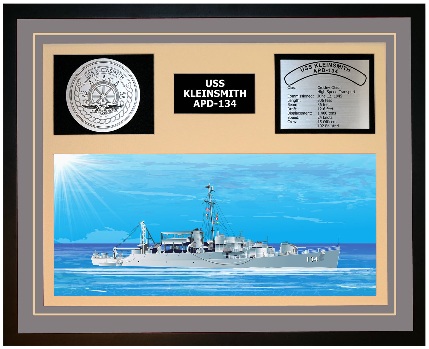 USS KLEINSMITH APD-134 Framed Navy Ship Display Grey