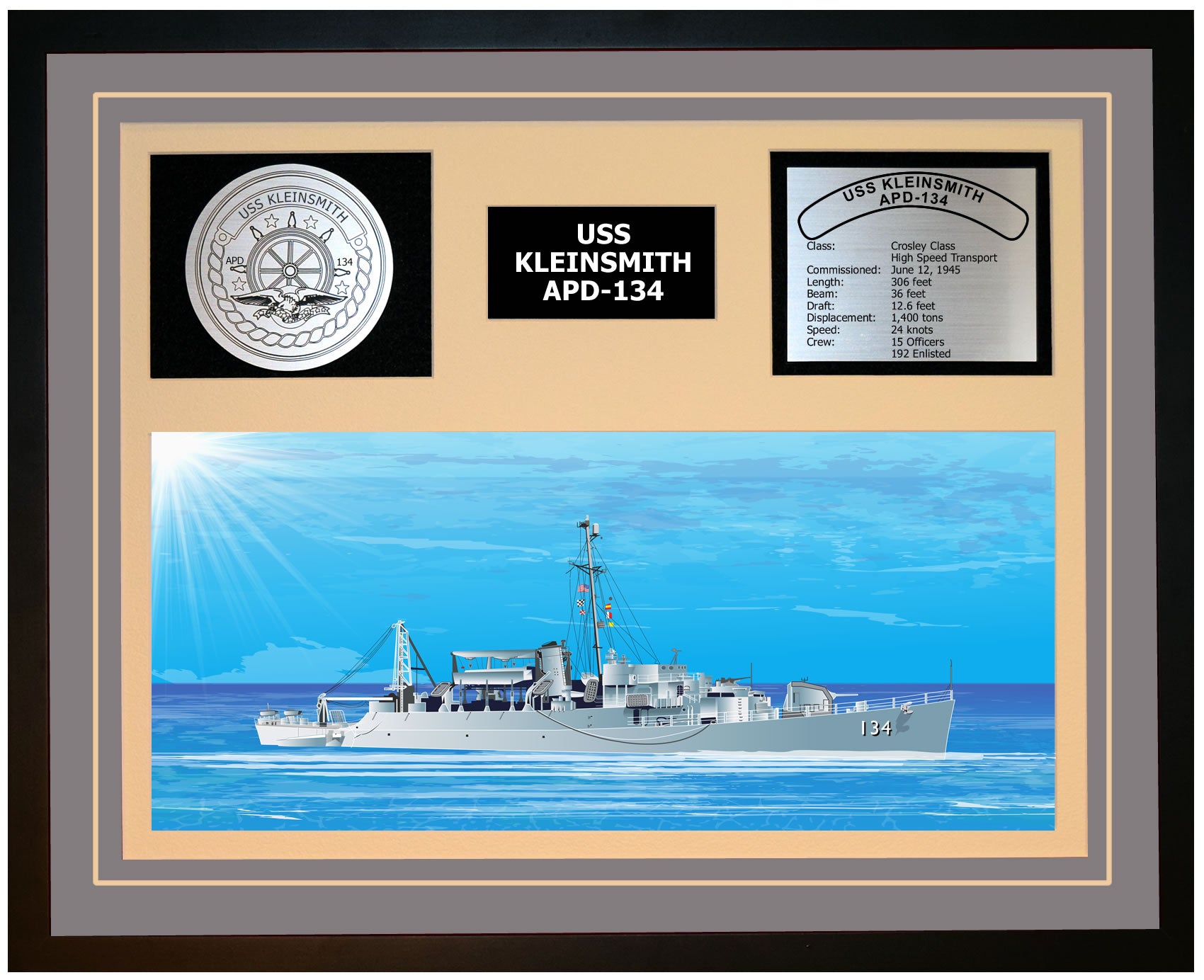 USS KLEINSMITH APD-134 Framed Navy Ship Display Grey
