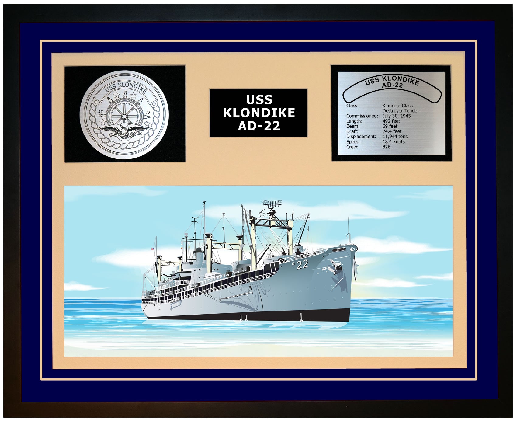 USS KLONDIKE AD-22 Framed Navy Ship Display Blue
