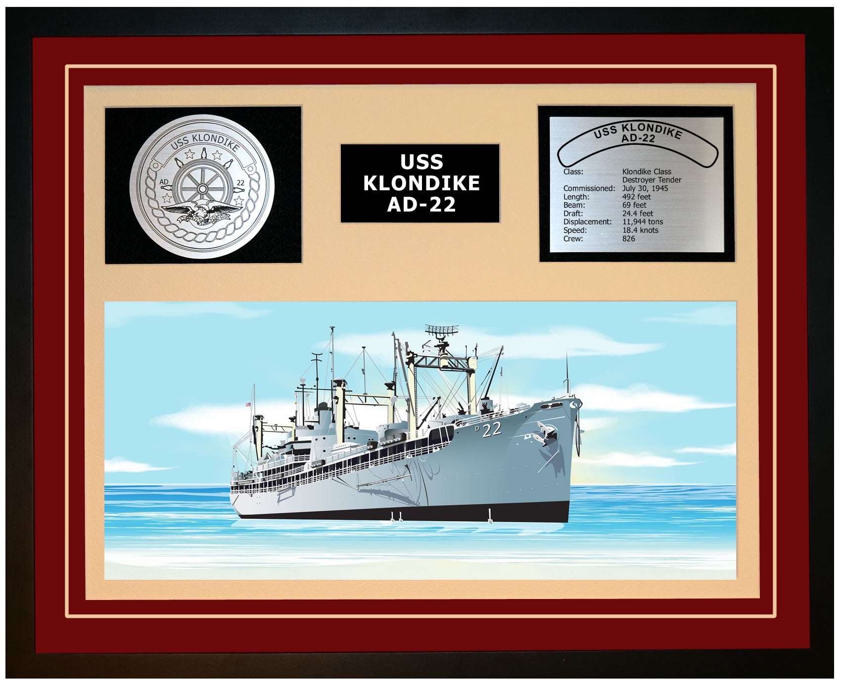 USS KLONDIKE AD-22 Framed Navy Ship Display Burgundy