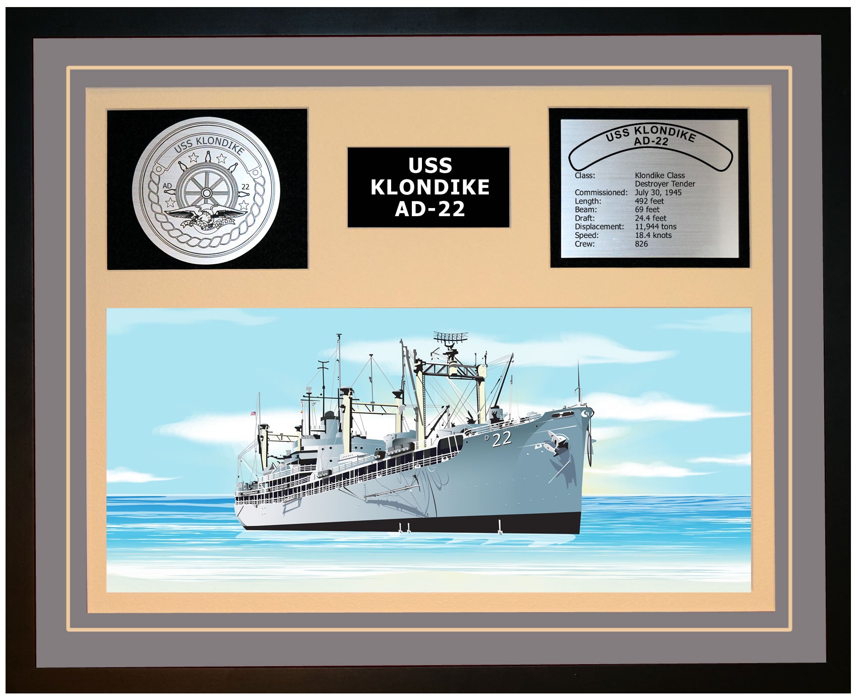 USS KLONDIKE AD-22 Framed Navy Ship Display Grey