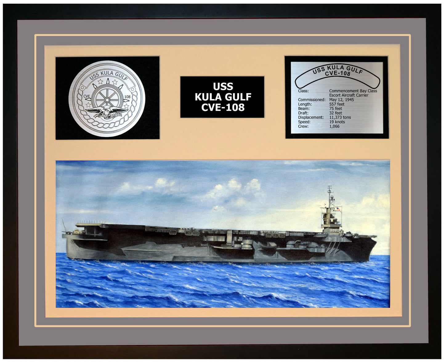 USS KULA GULF CVE-108 Framed Navy Ship Display Grey
