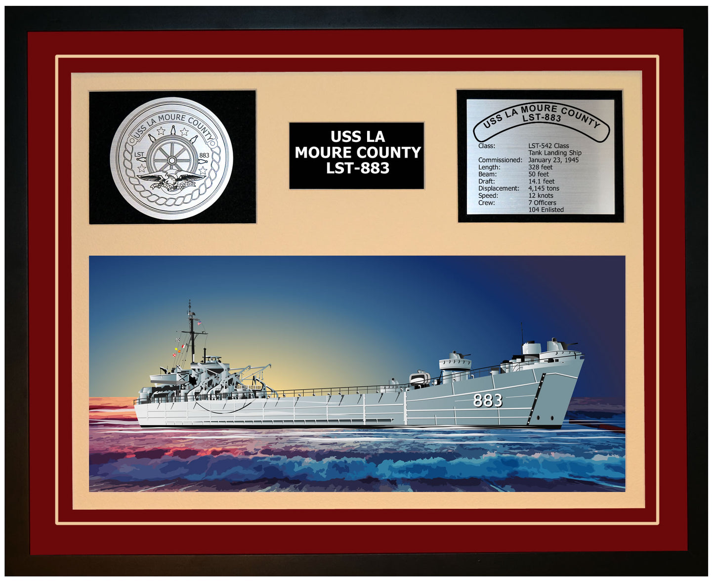 USS LA MOURE COUNTY LST-883 Framed Navy Ship Display Burgundy