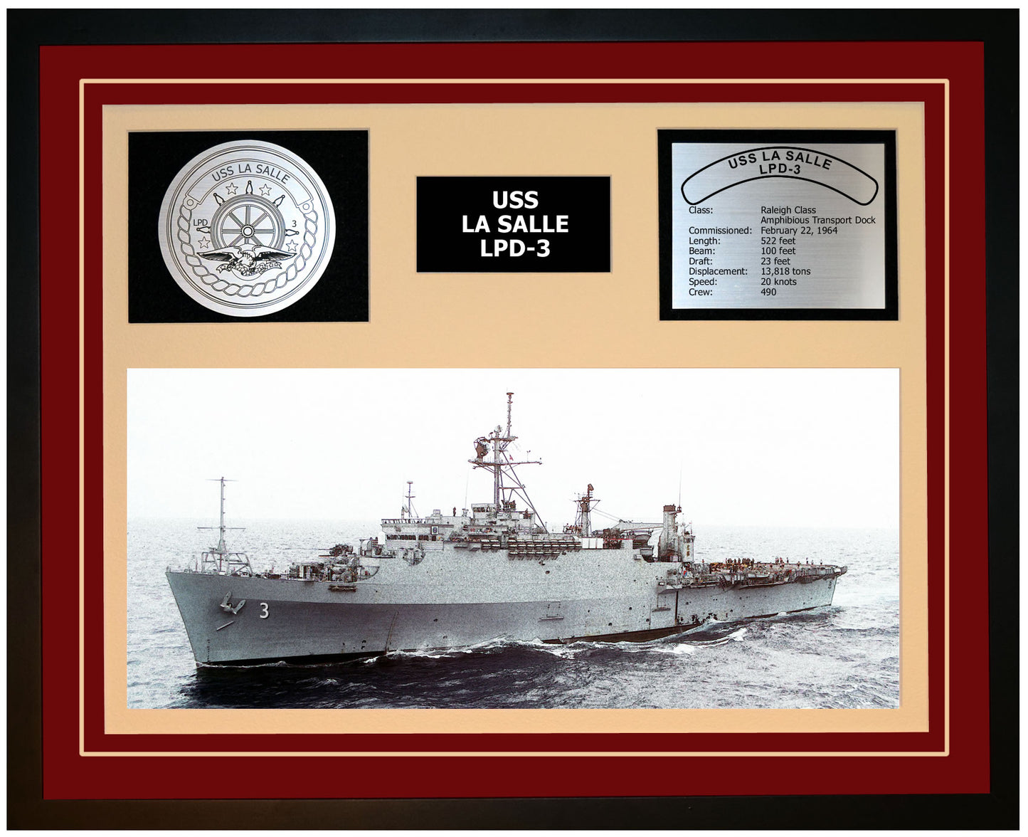 USS LA SALLE LPD-3 Framed Navy Ship Display Burgundy