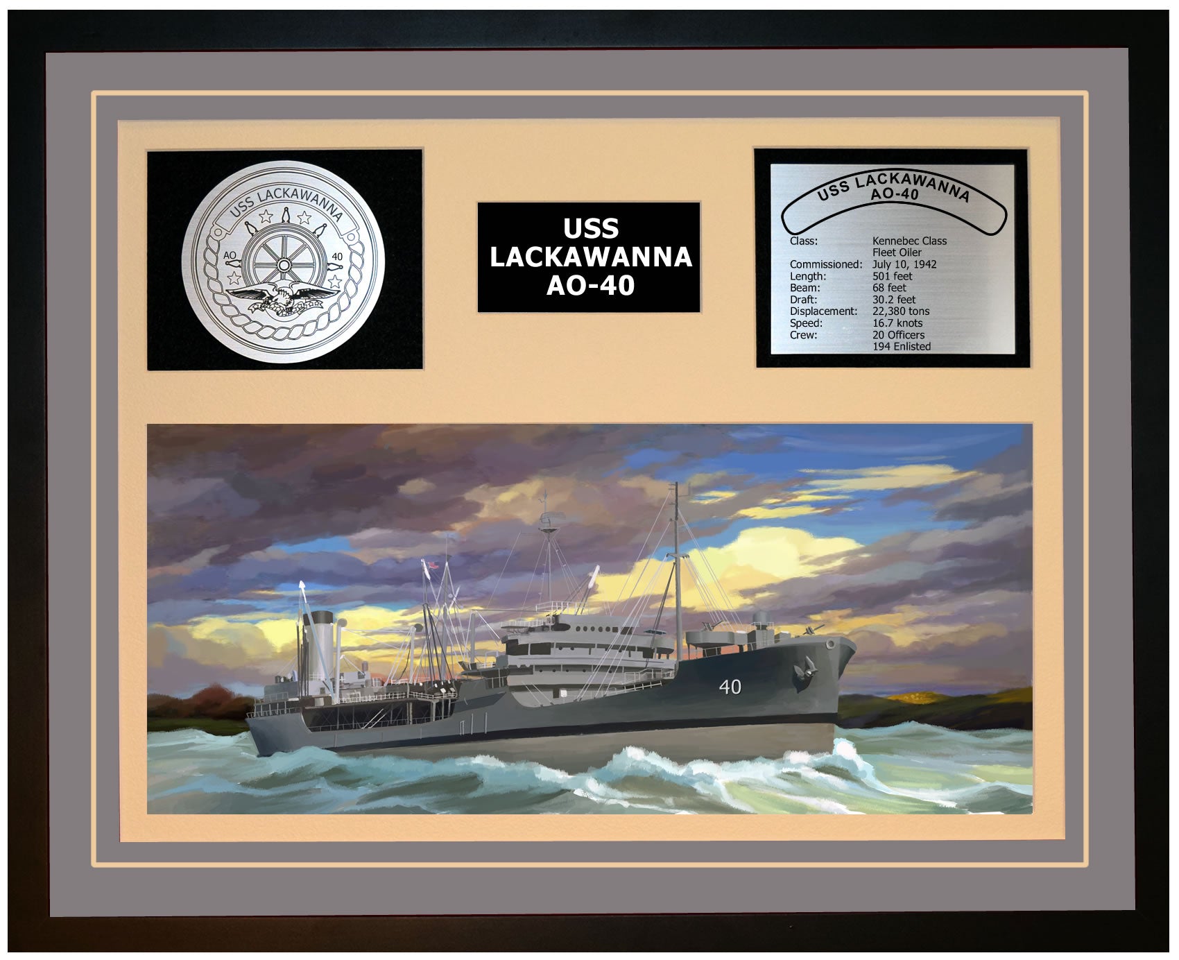 USS LACKAWANNA AO-40 Framed Navy Ship Display Grey